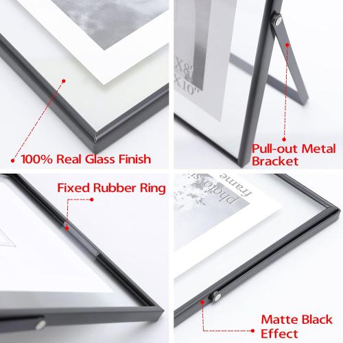 Qiannhee Black Floating Frame (10“x12”,2 Pack), Vertical Picture Frame Hold 10x12in 8x10in 5x7in Photo for Tabletop,Glass Finish Metal Stand Frame