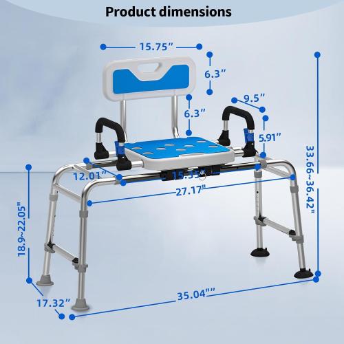 Sliding Shower Chair with Arms and Back, 500lbs Tub Transfer Benches with Non Slip Aluminum Body and Suction Cups Adjustable Height Bath Seats for Seniros Elderly Disabled or Bariatric Adults