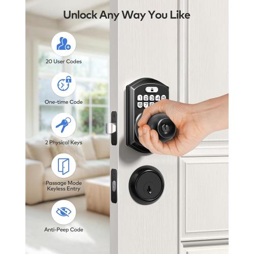 TEEHO TE003 Keyless Entry Keypad Door Lock with Handle, Electronic Digital Smart Locks for Front Door, Smart Door Knob with Code for Bedroom, Auto Lock, Passage Mode, Easy to Install, Matte Black