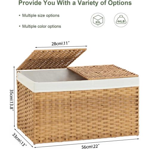 Storage Basket with Lid Rattan Woven Storage Baskets with 1 Separate Lids, 17.2 Gallon (65 L), 22 x 13 x 13.8 Inches,Foldable, 1 Removable Liner Bags Handles for Bedroom, Laundry Room Natural