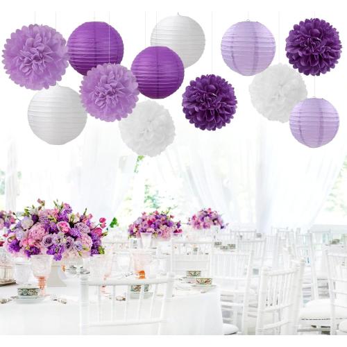 Purple-White Lavender Party Decorations Paper Flowers Lanterns - 15PCS Birthday Graduation Tissue Pom Poms Streamers, Baby Bridal Shower Wedding Retirement Bachelorette Hanging Supplies Decor Hugfond