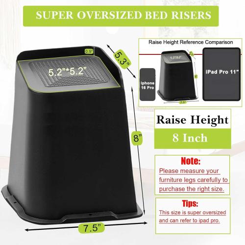 Bed Risers 2 inch, 3 inch, 4 inch, 6 inch, 8 inch Heavy Duty, Oversized Furniture Riser for Couch Sofa Table Chair Leg Frame Dorm, Support up to 6000 Lbs (Black 4 Pack, 8 inch)