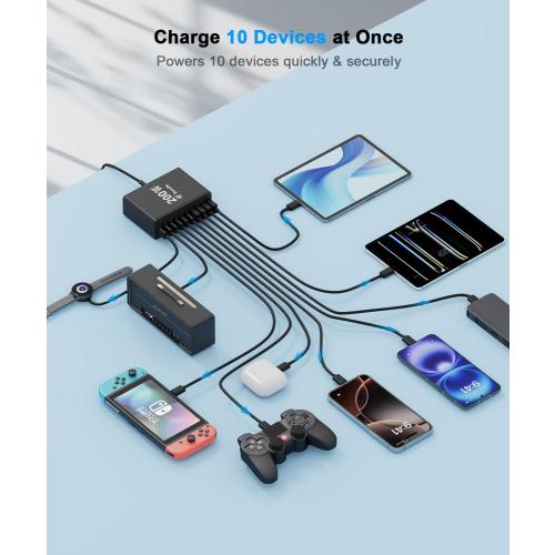 USB C Charging Station 10 Port with 4 USB Cables, 200W GaN Type C Charger Block, Wall Charger Power Strip Adapter Plug for iPad iPhone17 16 15 14 13 12 Pro Max Pixel Note Galaxy