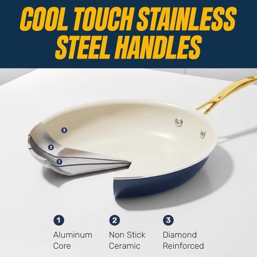 Gotham Steel 12 Pc Pots and Pans Set Non Stick Ceramic Cookware Set | Non Toxic PFOA/PFOS/PTFE Free, Stay Cool Stainless Steel Handles, Dishwasher and Oven Safe, Navy Gold