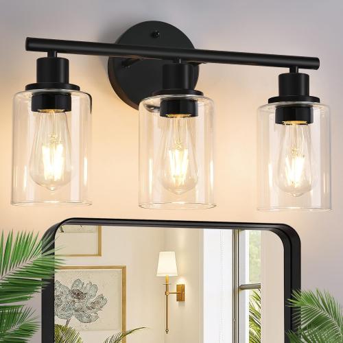 3-Light Bathroom Light Fixtures, 17.23 Black Modern Vanity Lights with Clear Glass Shade, Bathroom Wall Lamp for Mirror Kitchen Living Room Hallway Cabinet Porch