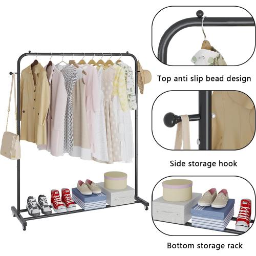 Garment Rack, Freestanding Simple Single Pole Clothes Rack With Wheels, Coat Rack, Multi-functional Rolling Clothing Storage With 2 Hooks for Bedroom, Living-room, Black