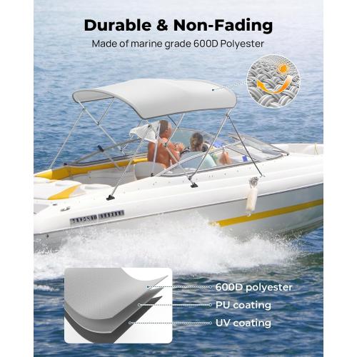 KEMIMOTO Bimini Top for Boat, Bimini Tops Cover 600D Marine Grade Canvas Boat Canopy with 6ft Length 54 in - 96 in Width 46 in Height, Includes Mounting Hardware, Straps Rear Support Poles