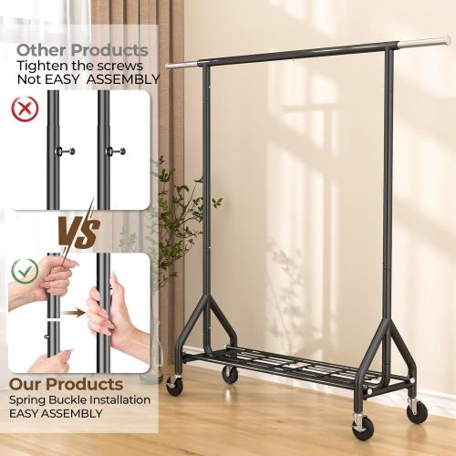 Black Heavy Duty Clothes Rack Load 450 LBS, Metal Garment Rack, Standing Rolling Clothing Rack for Hanging Clothes with Sturdy Wheels & Shelves, Portable Closet Wardrobe Rack,Black