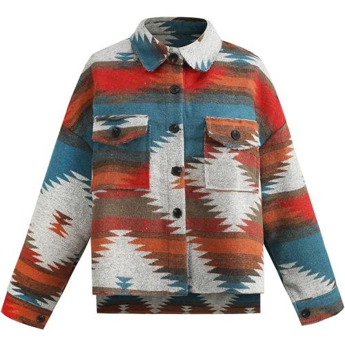 Size Medium Color Multi Women's Vintage Aztec Print Pattern Loose Shacket Button Down Long Sleeve Woolen Jacket Shirts Coat