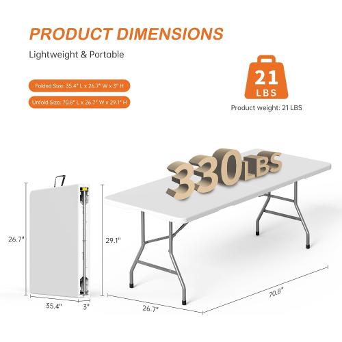 VSOAEIL 6 Foot Folding Table 2 Pack, 6 FT Foldable Plastic Table Heavy Duty | 6 Feet Portable Fold-in-Half Utility Folding Table with Handle for Picnic, Party, Dining, Camping, Indoor & Outdoor, White