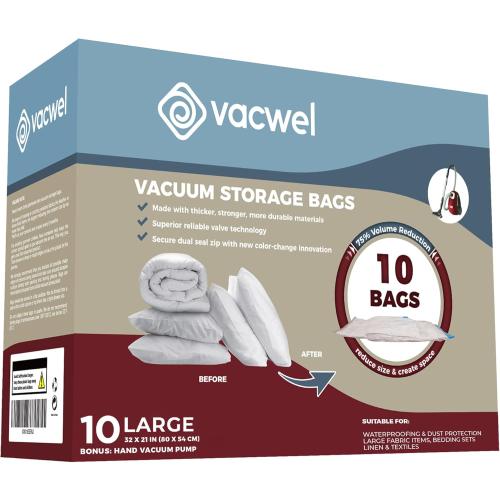 10-Pack Large - Vacuum Storage Bags for Clothes Storage - Vacuum Bags for Clothing - Packing - Travel (Hand Pump Free). Ideal Clothes Vacuum Sealer Bags for Clothing Storage - 10x Large Bags (32x21in)