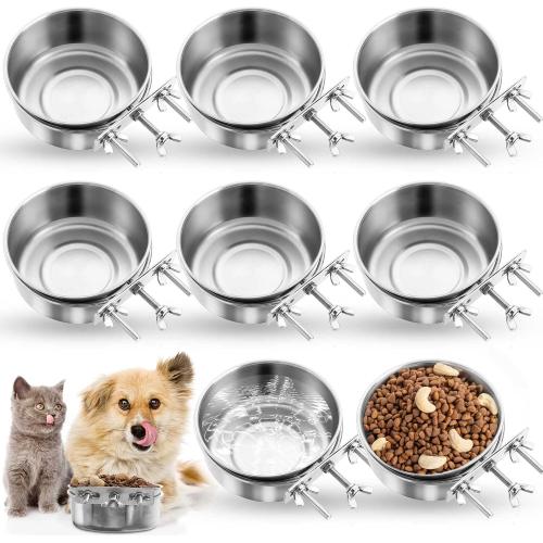 Zubebe Stainless Steel Hanging Dog Crate Bowls, Non-Spill Kennel Food Water Bowls with Screw Clamp Attach Holders, Removable Mountable Metal Cage Feeder for Pet(19 oz)