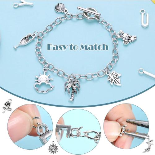 Highergo 469 Pcs Silver Charm Bracelet Making Kit DIY Bangles Bracelet Set Paperclip Chain Bracelets Alphabet Charms Jewelry Making Supplies with OT Toggle Clasp for Crafting