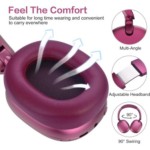 C6 Active Noise Cancelling Headphones, Wireless Over Ear Bluetooth Headphones, 60H Playtime, Lightweight Folding Deep Bass Comfort Fit Ear Cups Headset with Mic for iPad/Travel/PC/Home Red