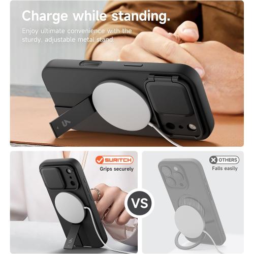 SURITCH for iPhone 17 Pro Case with Camera Control Cover, Camera Cover and Adjustable Kickstand, Compatible with MagSafe, Shockproof Bumper Protective Cases 6.3 Inch, Black