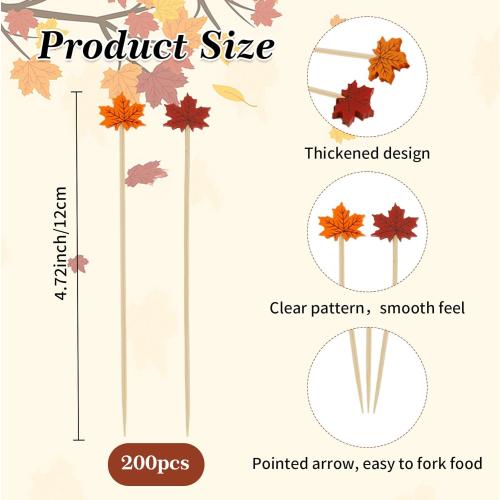 Fall Thanksgiving Cocktail Picks, 200 Pcs Maple Leaves Cocktail Toothpicks, Fancy Bamboo Toothpicks Skewers for Appetizers Charcuterie Food Fruit Drinks AutumnThanksgiving Themed Party Decor Supplies
