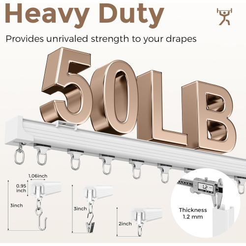 Ceiling Curtain Track 6–9 ft White - Heavy Duty Ceiling/Wall Mount Curtain Rail/Rod System, 30 Quiet-Glide Rollers, 30 Hooks, 30 Clips, Room Divider for Living Room, Bathroom or Hospital
