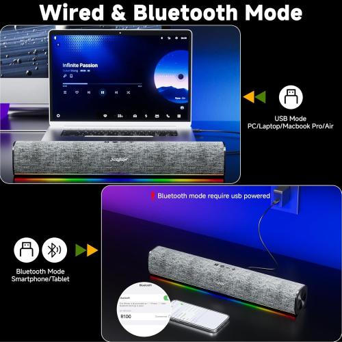 SOULION R100 Bluetooth Computer Speakers with Dynamic LED Light, USB Plug & Play PC Speakers with Switch Button, Clearly Sound Soundbar for Desktop Laptop Monitor(USB-C to USB Adapter Included)