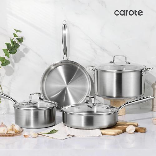 CAROTE 7-Piece Tri-Ply Stainless Steel Frying Pan Set, Skillet Set 8/10/12, Induction Compatible, Oven & Dishwasher Safe, bronze Handle ?❗ no lid