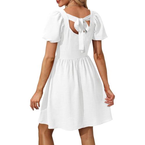 OFEEFAN Women Puff Sleeve Square Neck Tie in Back Dresses with Zipper. Off white/ size small