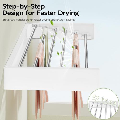Wall Mounted Clothes Drying Rack 40 inches, Foldable Wall Mount Laundry Rack Folding Indoor, Drying Rack Clothing Collapsible, Hidden Space Saver with Wall Template, 6 Rods, White
