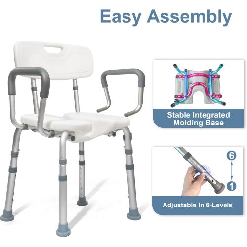 Shower Chair for Inside Shower with Arms and Back, Anti-Slip Design Shower Seat, Shower Chair for Elderly and Disabled with Groove for Private Cleaning, Adjustable Height