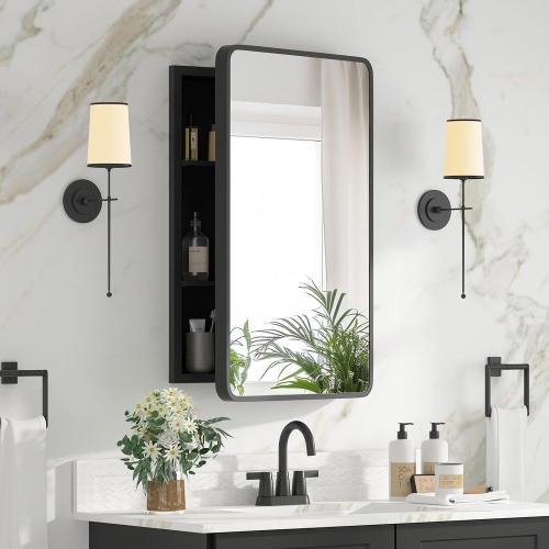 Bathroom Medicine Cabinet with Mirror 16 x 24 Inch, Black Medicine Cabinet Recessed or Surface Wall-Mounted, Mirrored Cabinets with 2 Adjustable Shelves for Bathroom Vanity