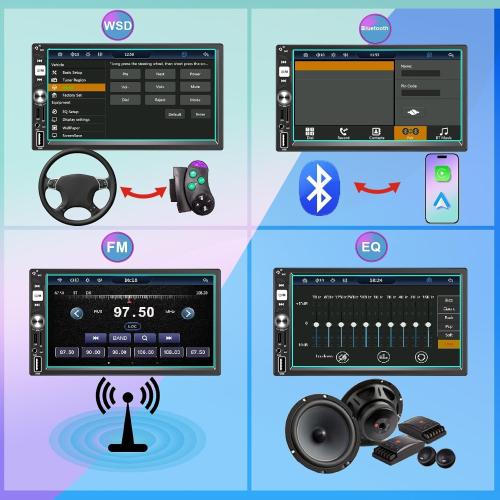 7” Wireless Apple CarPlay Double Din Car Stereo,FM Car Radio,Bluetooth 5.2,IPS Touchscreen 1024 * 600, Backup Camera,EQ Audio,Dual USB Type-c Charging,Subwoord,Android Auto,Navigation,CarPlay MP5