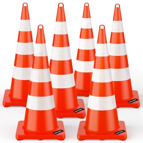 BATTIFE Traffic Safety Cones 36 Inch with Handheld, Orange Cones with Reflective Collar, Cones for Parking Lot, Sport & Driving Training, Road Safety, Construction Events (6 Cones) ‼️unused‼️