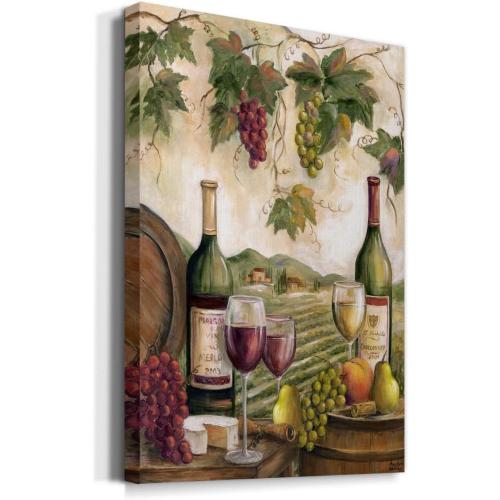 Renditions Gallery Vineyard Wall Art, Red & White Wine Decor, Cheese & Grapes, Scenic Kitchen or Dining Room Artwork, Premium Gallery Wrapped Canvas, Ready to Hang, 18x12 Made in America