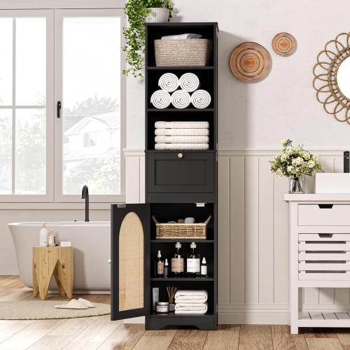 Size 67H Color Black Bathroom Storage Cabinet with Rattan Doors and Slide Storage, Tall Narrow Standing Tower Cabinet with Adjustable Shelves, Small Bathroom Floor Organizer for Entryway, Kitchen, Black