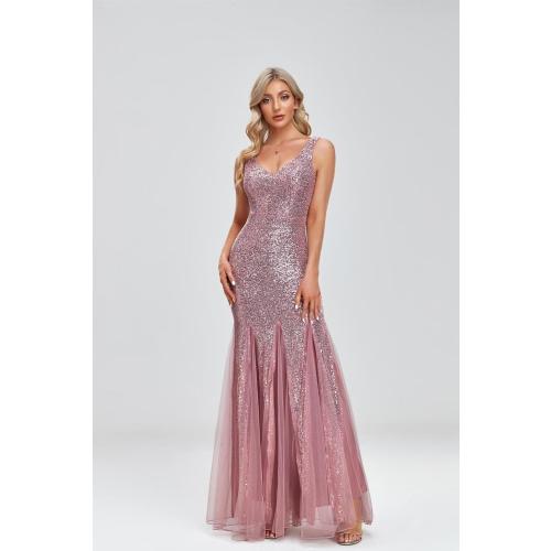 Size L Updated Women's Double V Neck Long Sequined Mermaid Dress Formal Dress Bridesmaid Party Dress