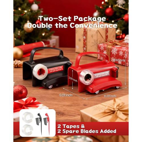 2-Pack Wrapping Paper Cutter with Wheels & Tape Dispenser - Gift Wrap Tool Kit with Replaceable Blades for Christmas, Birthday - Safe, Efficient, and Precise Cutting