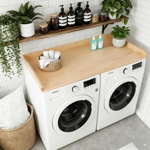 Laundry Room Washer and Dryer Countertop for Organization, 27.5 W x 54 L Solid Pine Wood Washer Dryer Countertop, Laundry Machine Topper with Edge Rails and Non-Slip Pads