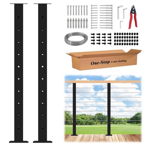 36 Fixed Top Level Drill Cable Railing Post 2Pack Bundle with 6'6'' Stainless Steel Rectangular Black Handrail 2Pack