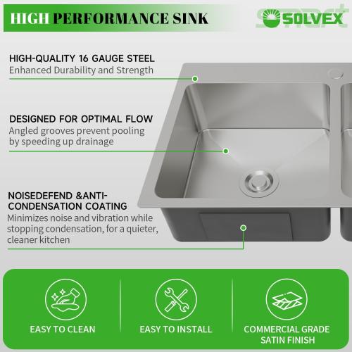 SOLVEX 30 Inch Drop in Double Bowls Kitchen Sink with Nano Coating,30x18 Inch Handmade Stainless Steel Topmount Kitchen Sink ST-7546