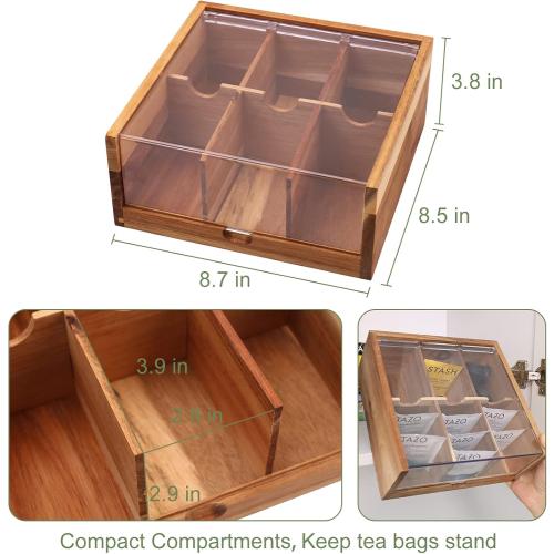 HTB Acacia Wood Tea Bag Organizer Storage, Gift Box 6 Compartments Tea Chest Box with Acrylic Transparent Hinged Lid