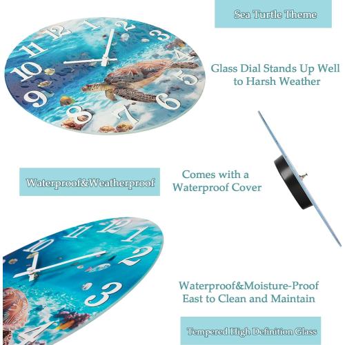 Outdoor Clocks Waterproof Outdoor Coastal Beach Ocean Wall Clocks for Patio Pool Garden Home Decor(14 Inch,Blue,Sea Turtle)
