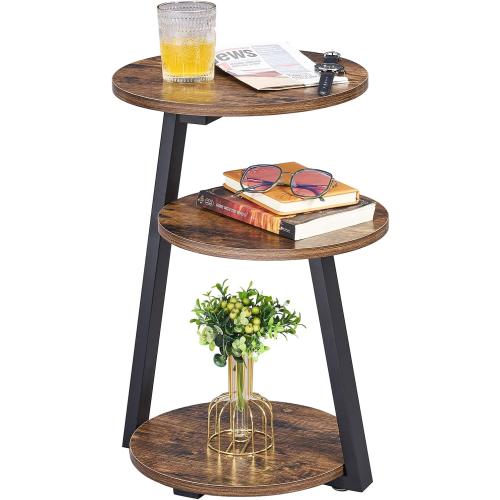 BEWISHOME Small Round Side Table, 3-Tier End Table with Storage Shelves | Small End Table, Nightstand with Metal Frame, Vintage Accent Table for Small Spaces with Storage Shelf, Living Room, Bedroom