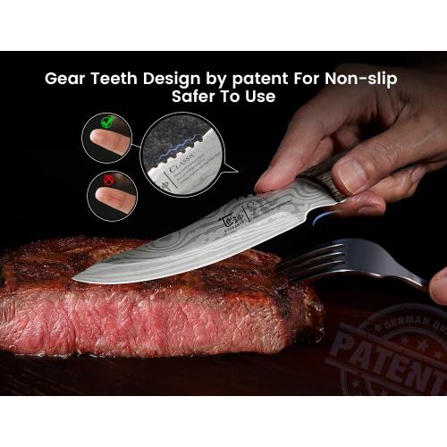Steak Knives Set of 4, 4.8 Inch Quality Japanese Style Smooth Edge Meat Knife with Wood Handle, Damascus Pattern Full Tang Design, Ultra Sharp Dinner Knives with Exquisite Box, Kitchen Gifts
