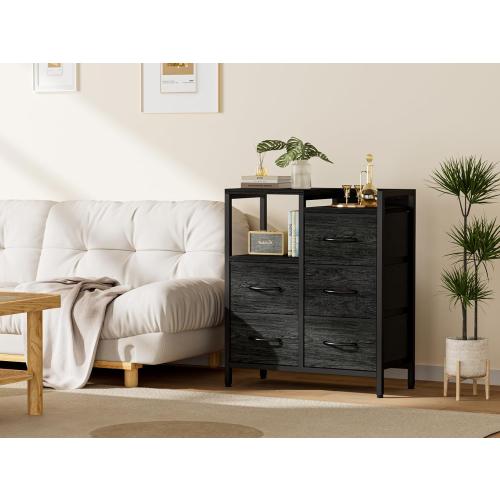 Furnulem 5 Drawer Black Dressers for Bedroom 2 Tier Shelf Storage Small Fabric Dresser for Closet Sturdy Metal Frame Modern Style Storage Cabinets Organization Units for Hallway Rooms