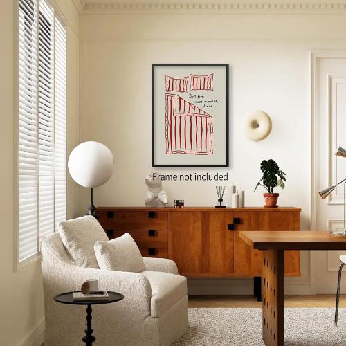 Lmuwecno Minimalist Funny Red Wall Art Retro Cute Fun Quotes Posters Trendy Mid Century Hand Drawn Painting Canvas Prints for Bedroom Dorm Wall Decor Unframed