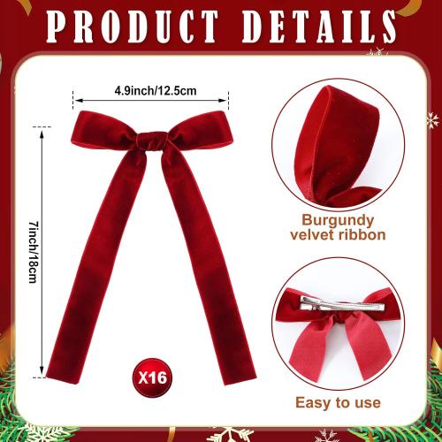 16 Pcs Vintage Christmas Tree Red Bow Ornaments with Clip Burgundy Clip Velvet Bows Ribbon with Easy 5.1x7.1 Inch Pre-Tied Small Ornaments for Xmas Decorations Wreath Gift Indoor Outdoor