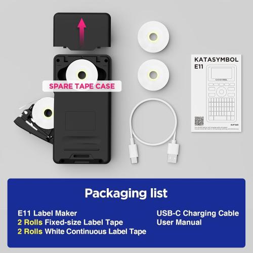 SUPVAN E11 Bluetooth Label Maker Machine with 4 Tapes, Support Keyboard & App with 30  Fonts and 660  Icons, Rechargeable Inkless Labeler for Home, Kitchen, Office, School, Organization, Black
