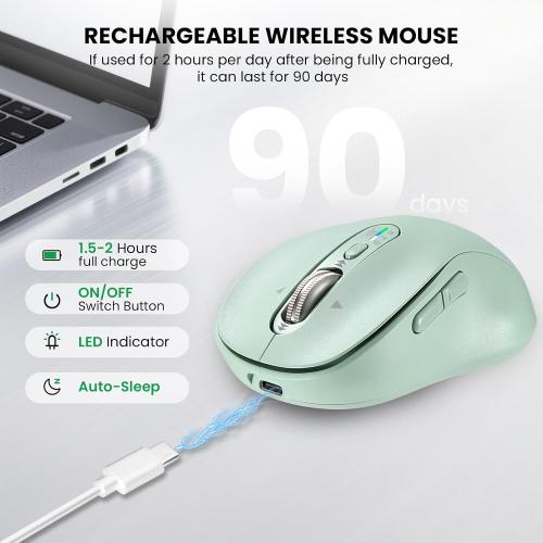 Wireless Bluetooth Mouse for Laptop,USB BT×2,Quiet Ergo Computer Mouses,Metal 4-Way Super Scrolling,± 3200 DPI,Rechargeable,10 Button,Plug&Play,Multi Device Cordless Mice for iPad,Tablet,Mac,PC(Green)