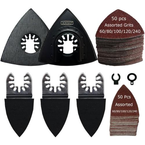 XXGO Oscillating Multi Tool Sanding Kit - 105 Pcs Including Triangle & Finger Sanding Pads, 100 Pcs Multi Tool Sandpaper for Wood