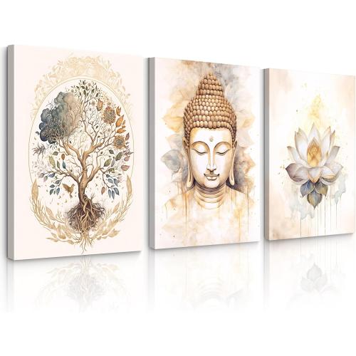 Zen Wall Art Decor Buddha Lotus Flower Artwork Tree of Life Canvas Painting Yoga Meditation Studio Wall Art Mindfulness Spiritual Energy Poster for Living Room Bedroom 16x24x3 Inch Wrapped Canvas