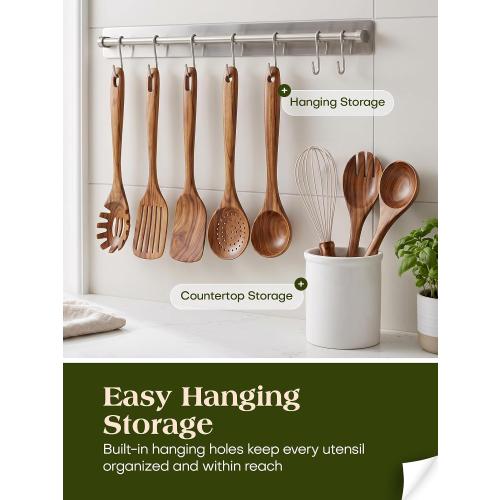 AIUHI 10Pcs Wooden Kitchen Utensils, Teak Wood Utensil Set for Kitchen, Heat-resistant Wooden Spoons for Cooking, Nonstick Wood Spatula Soup Ladle Tong Egg Whisk