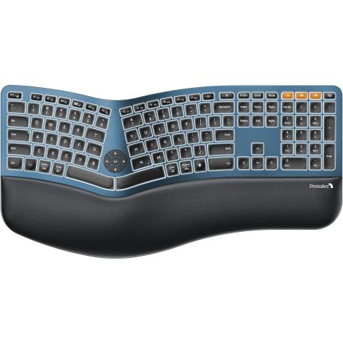 Color Blue ProtoArc Backlit Bluetooth Ergonomic Keyboard, EK01 Plus Full Size Wireless Split Keyboard with Dual Bluetooth and USB, Cushioned Wrist Rest, Rechargeable, Compatible with Windows/Mac/Android, Blue