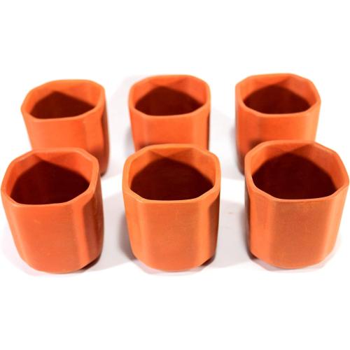 Clay Glasses Reusable Kullad (Set of 6) - Terracotta Glasses Tea Coffee Cups Drinkware Kullad (Octagonal Shape)